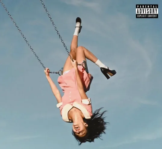 Olivia Rodrigo swinging in a pink dress, album art for Honeybee.