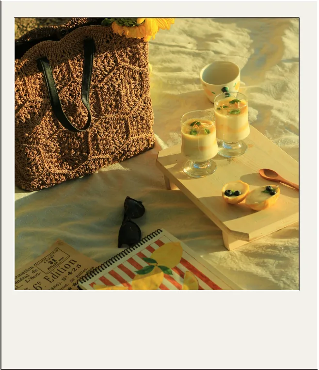 Polaroid photo of a beach bag, sunglasses, and drinks on a picnic blanket.